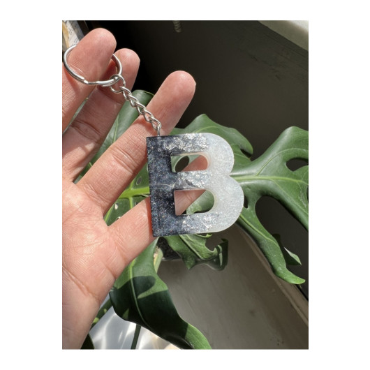Silver Leaf Epoxy B Letter Keychain, Transparent