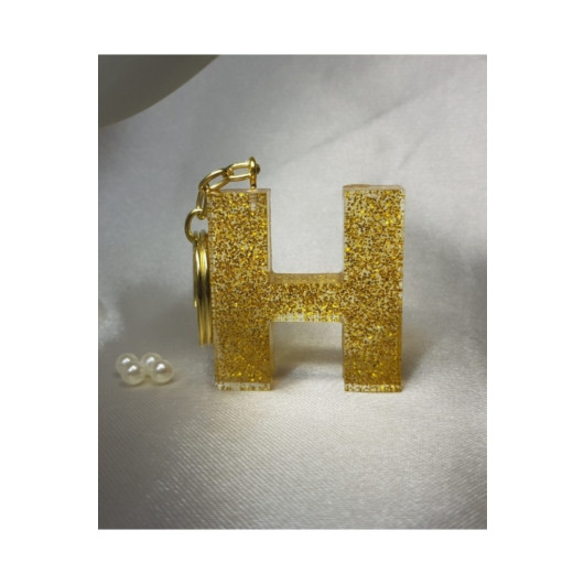 Letter H Gold Glitter Epoxy Keychain, Transparent