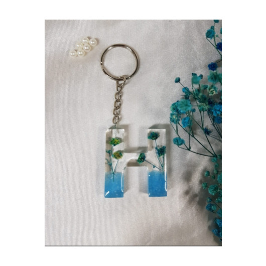 Letter H Blue Floral Epoxy Keychain, Transparent