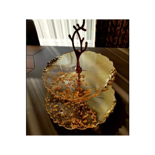 Two Tier Gold Gilded, Mother Of Pearl Effect Stoned Presentation Cookie Holder, 25X25