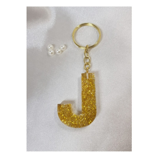 ميدالية مفاتيح ايبوكسي برسم حرف J ذهبية لامعة