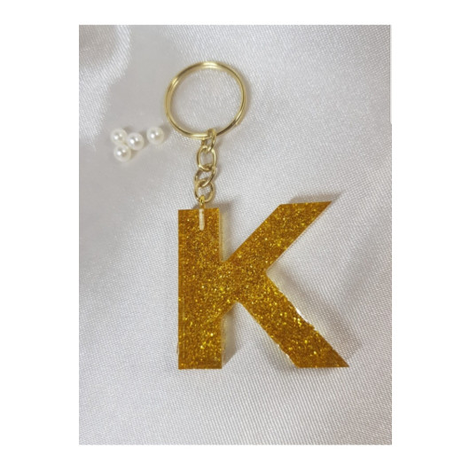 Letter K Gold Glitter Epoxy Keychain, Transparent