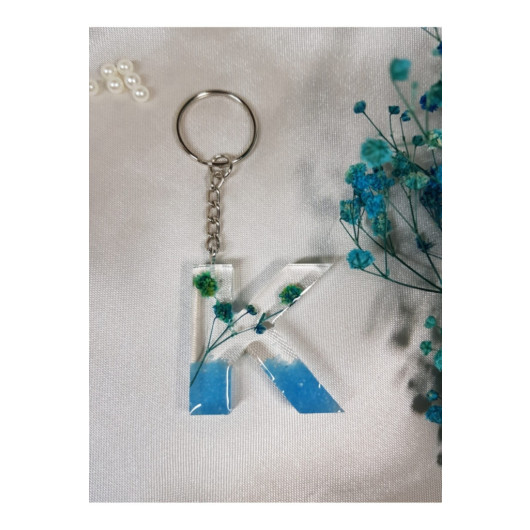 Letter K Blue Floral Epoxy Keychain, Transparent