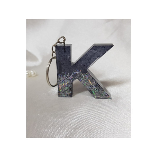 Letter K Black Silver Hologram Epoxy Keychain, Transparent