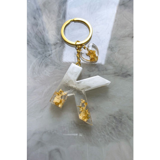 Gold Leaf Letter Keychain With Mini Heart Attachment, Transparent