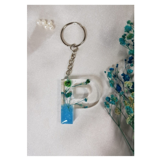 Letter P Blue Floral Epoxy Keychain, Transparent