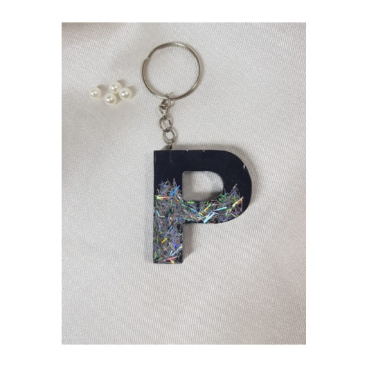 Letter P Black Silver Hologram Epoxy Keychain, Transparent