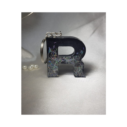 Letter R Black Silver Hologram Epoxy Keychain, Transparent