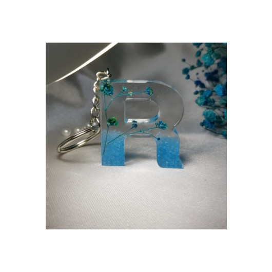 Letter R Blue Floral Epoxy Keychain, Transparent