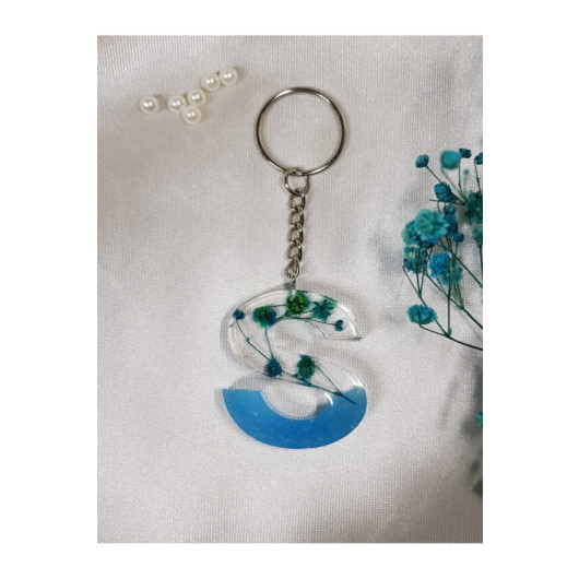 Letter S Blue Floral Epoxy Keychain, Transparent