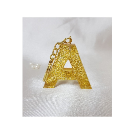 Sultan Letter A Gold Glitter Epoxy Keychain, Transparent