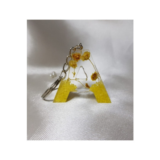 Sultan Letter A Yellow Floral Epoxy Keychain, Transparent