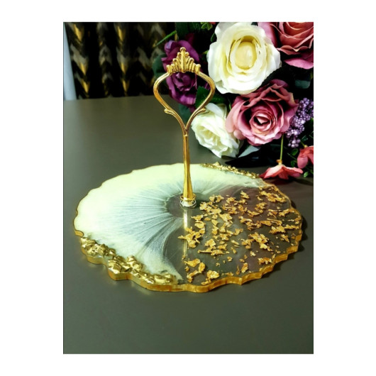 Gold Gilded, Mother Of Pearl Effect Stoned Presentation Fruit Cookie Holder 20 Cm