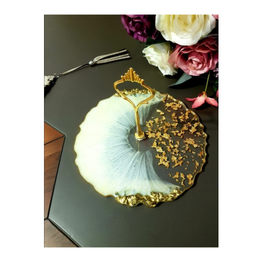 Gold Gilded, Mother Of Pearl Effect Stoned Presentation Fruit Cookie Holder 25 Cm