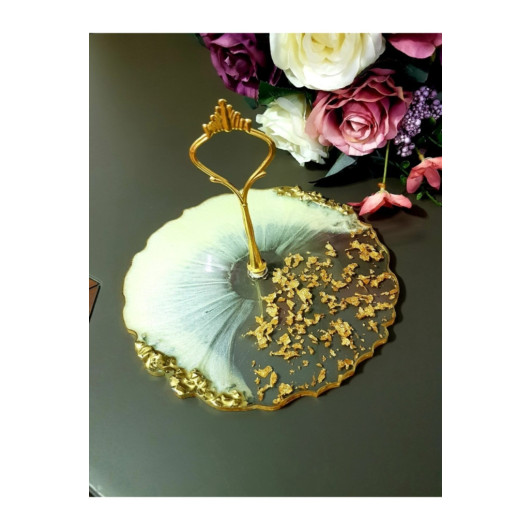 Gold Gilded, Mother Of Pearl Effect Stoned Presentation Fruit Cookie Holder 25 Cm