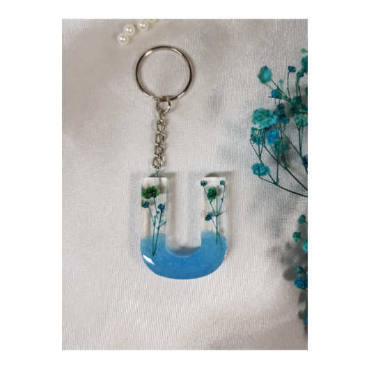 Letter U Blue Floral Epoxy Keychain, Transparent