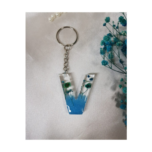 Letter V Blue Floral Epoxy Keychain, Transparent