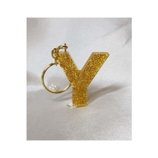 Letter Y Gold Glitter Epoxy Keychain, Transparent