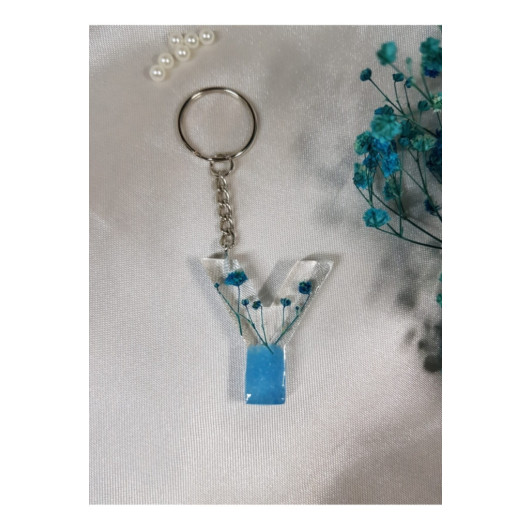 Letter Y Blue Floral Epoxy Keychain, Transparent