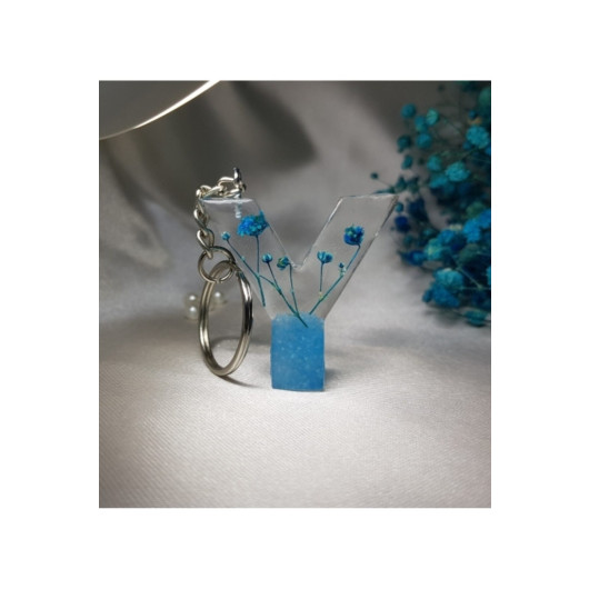 Letter Y Blue Floral Epoxy Keychain, Transparent
