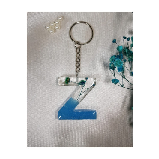 Letter Z Blue Floral Epoxy Keychain, Transparent