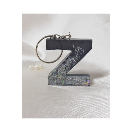 Letter Z Black Silver Hologram Epoxy Keychain, Transparent