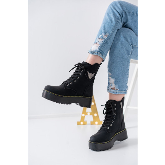 Womens Black Winter Boots With Zipper And Drawstring