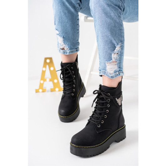 Womens Black Winter Boots With Zipper And Drawstring