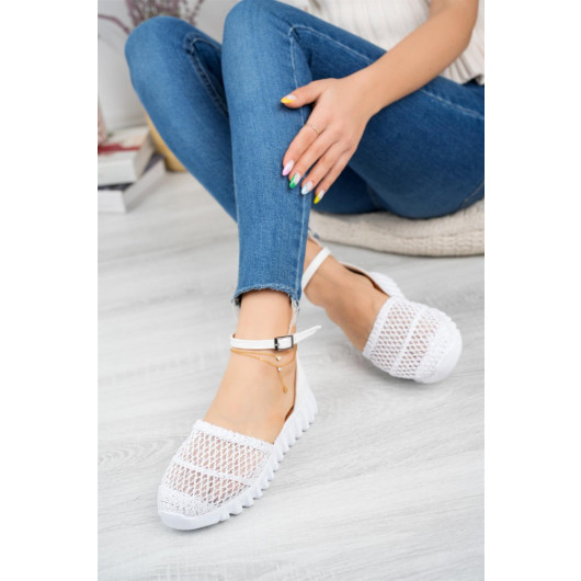 Womens White Knitted Canvas Ankle Strap Shoes