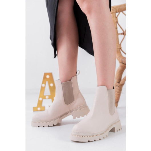 Womens Winter Boots In Nude Leather With Elasticated Sides