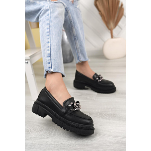 Aymood Womens Black Chain Thick Sole Loafer Moccasin Shoes