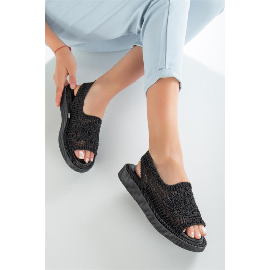 Aymood Womens Black Lace Tricot Sandal