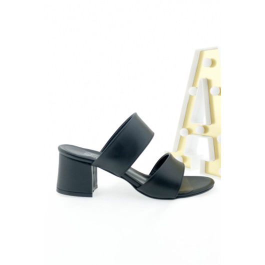 Womens Black Sandal With Two Straps, 5 Cm Heel, Aymood