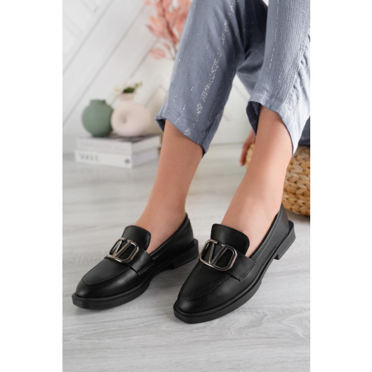 Aymood Valentina Black Skin Buckle Thick Sole Pu Leather Daily Classic Heeled Loafer Moccasin Shoes