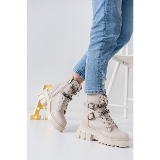 Womens Cream Winter Boots With Zip And Drawstring