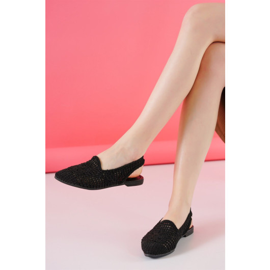Womens Black Lace Detailed Open Back Comfortable Knitted Embroidered Straw Ballerinas