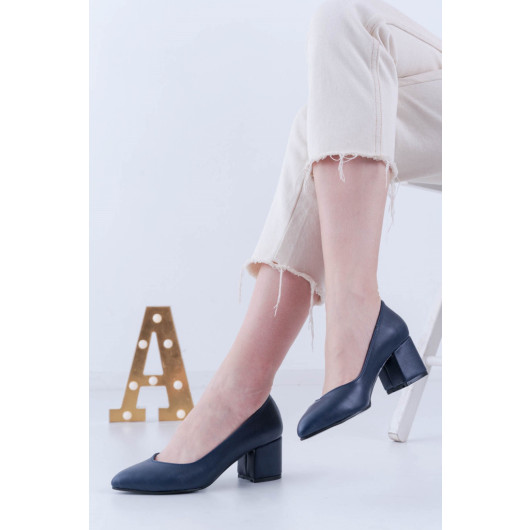 Comfortable Navy Blue Leather Womens Heel Shoes