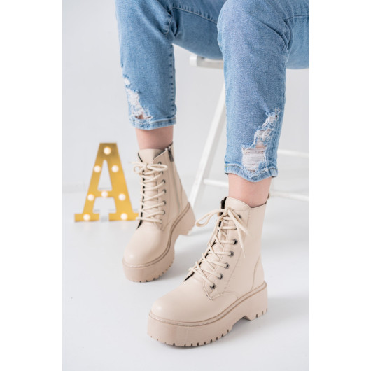 Nude Skin Winter Stylish Womens Lace Up Zippered Thick Soled Medium Size Half 5 Cm Heel Pu Leather Boots
