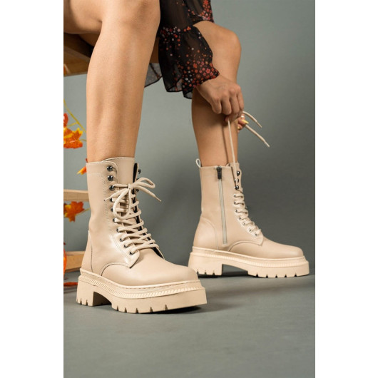 Womens Winter Boots In Elegant Nude Leather With A Zipper