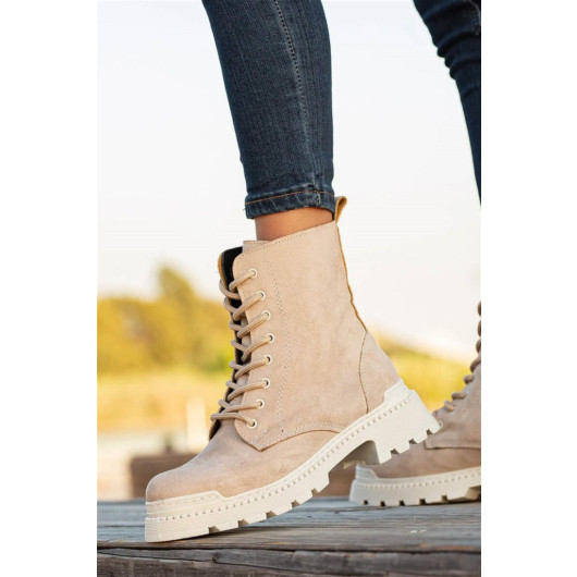 Nude Suede Womens Winter Leather Boots With Lace Up And Zipper