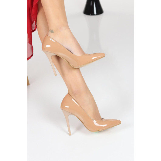 Womens Nude Patent Leather Heel Shoes, 11 Cm