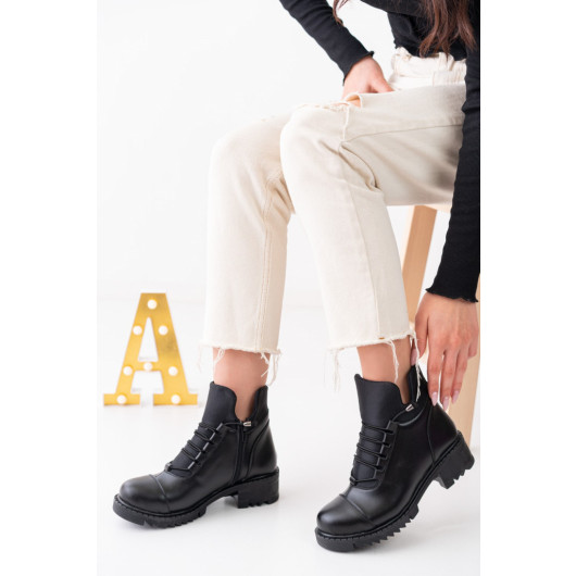 Womens Black Leather Winter Boots With Zipper And Drawstring