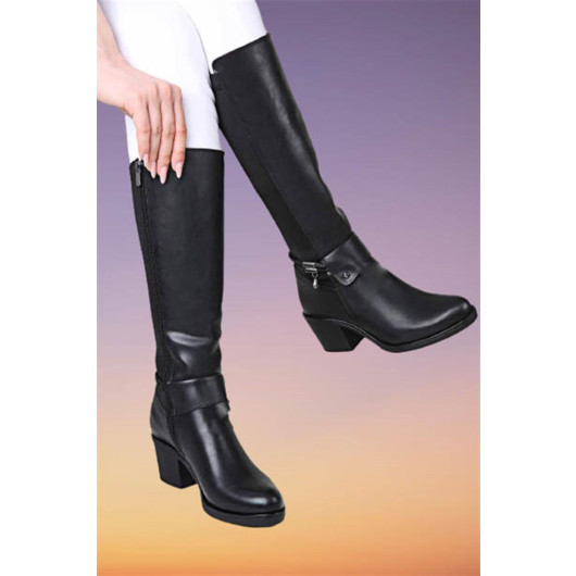 Womens Long Black Leather Zipper Boots