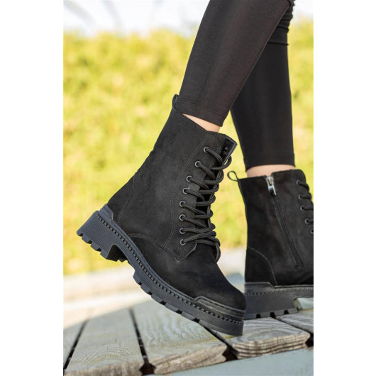 Women's Black Suede Winter Boots With Zipper And Drawstring