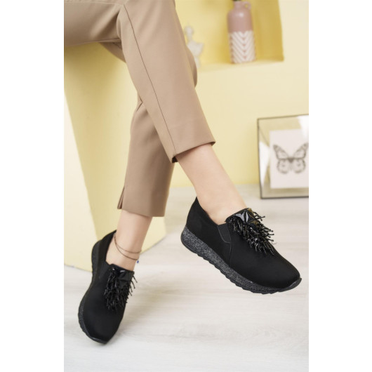 Black Suede Stretch Stone Womens Stylish Daily Comfortable Orthopedic Nonslip Sole Ballerina Shoes