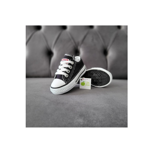 Lace Up Black Unisex Kids Sneaker Linen Sports Shoes Short Black 21