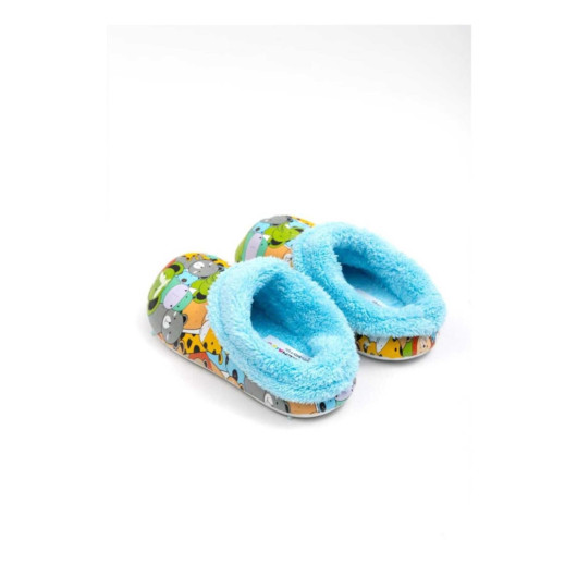 Wool Inside Unisex Figured Girl Home Slippers Blue 35