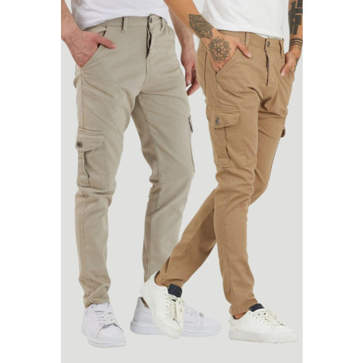 Mens Cargo Pants, Camel And Light Beige, Two Piece, L