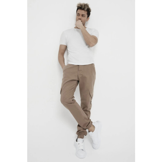 Mens Cotton Trousers With Camel And Light Beige Elastic, M