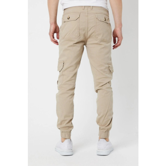 Mens Cotton Trousers With Camel And Light Beige Elastic, M